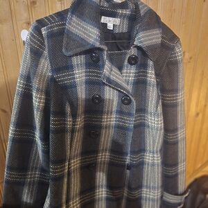 Dress Barn Navy and Cream Plaid Pea Coat